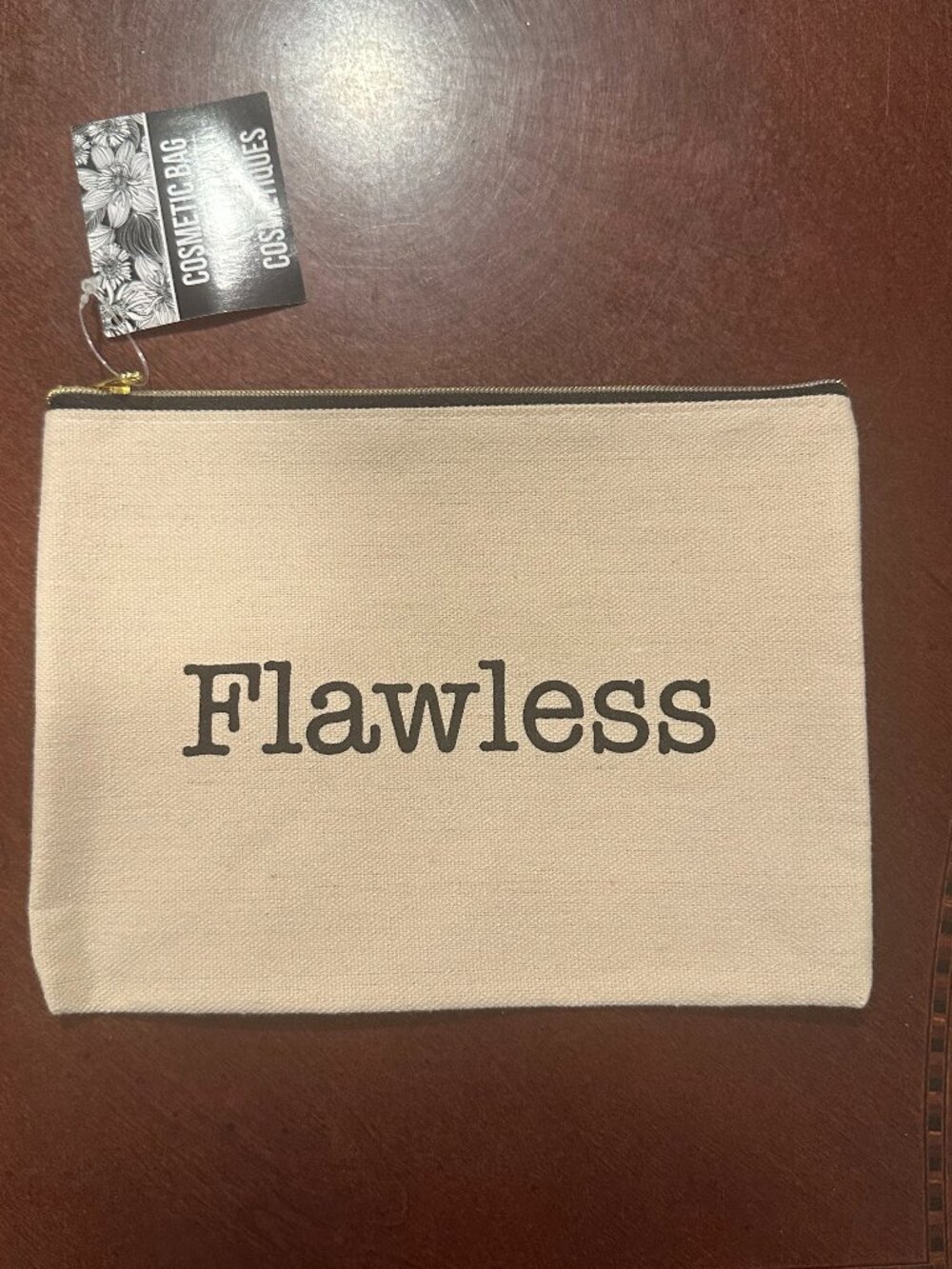 FLAWLESS Canvas Cosmetic Makeup Bag Pouch Beige Black Gold Zipper NWT 8x6